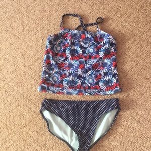 Blue and red 2-piece bathing suit